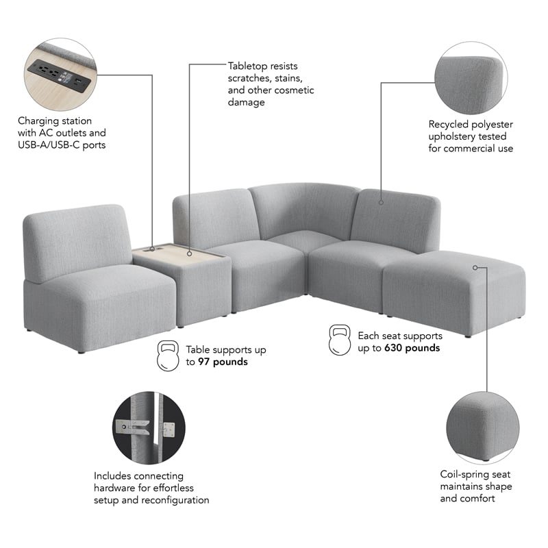 Pemberly Row 5 Seat L Shaped Sectional With Charging Station in Fog Fabric