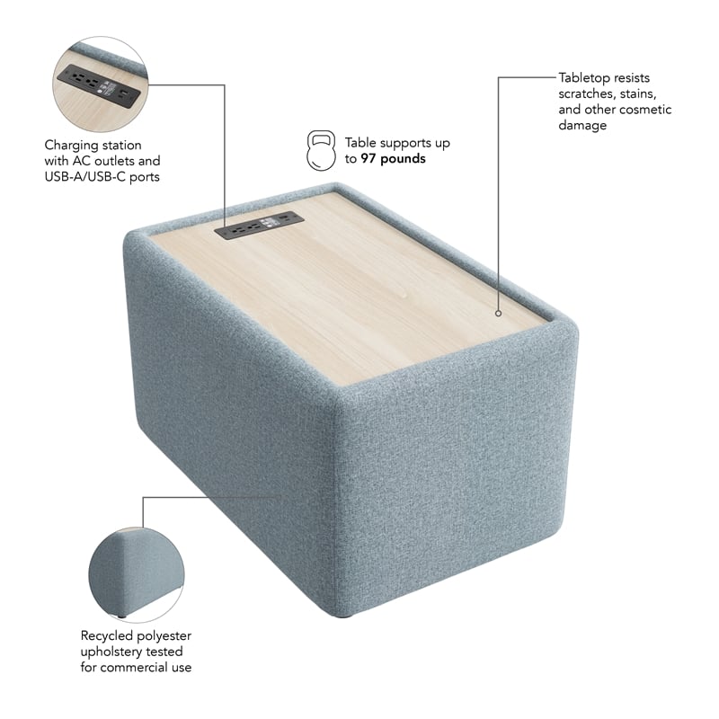 Pemberly Row Modular Side Table With USB and AC Charging Station in Mist Fabric