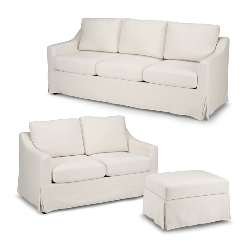 Pemberly Row 80W Sofa with 57W Loveseat and Ottoman with Slipcovers in Ivory