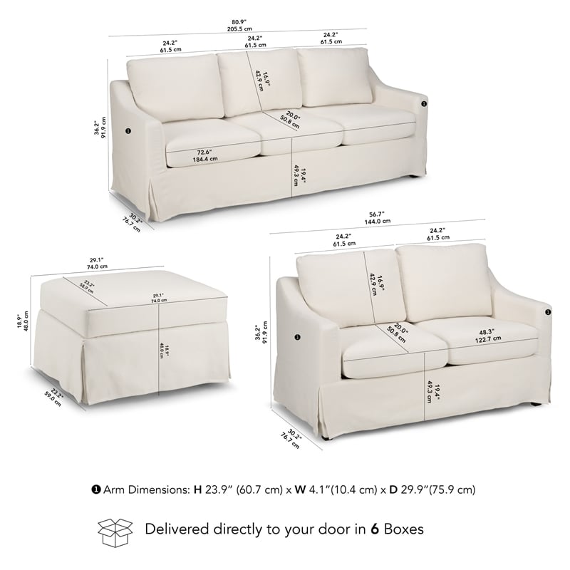 Pemberly Row 80W Sofa with 57W Loveseat and Ottoman with Slipcovers in Ivory