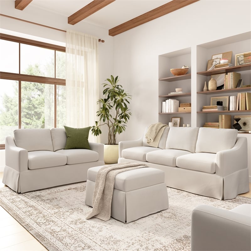 Pemberly Row 80W Sofa with 57W Loveseat and Ottoman with Slipcovers in Ivory