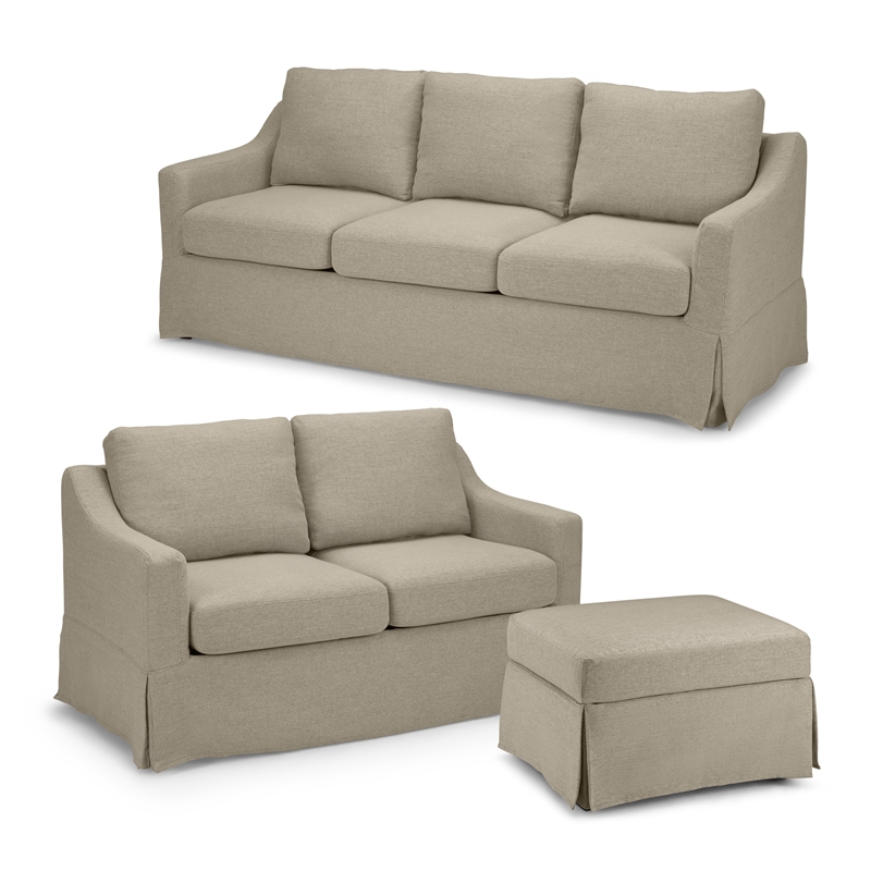Pemberly Row 80W Sofa with 57W Loveseat and Ottoman with Slipcovers in Sand