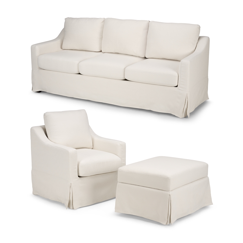 Pemberly Row 80W Sofa with Swivel Chair and Ottoman with Slipcovers in Ivory