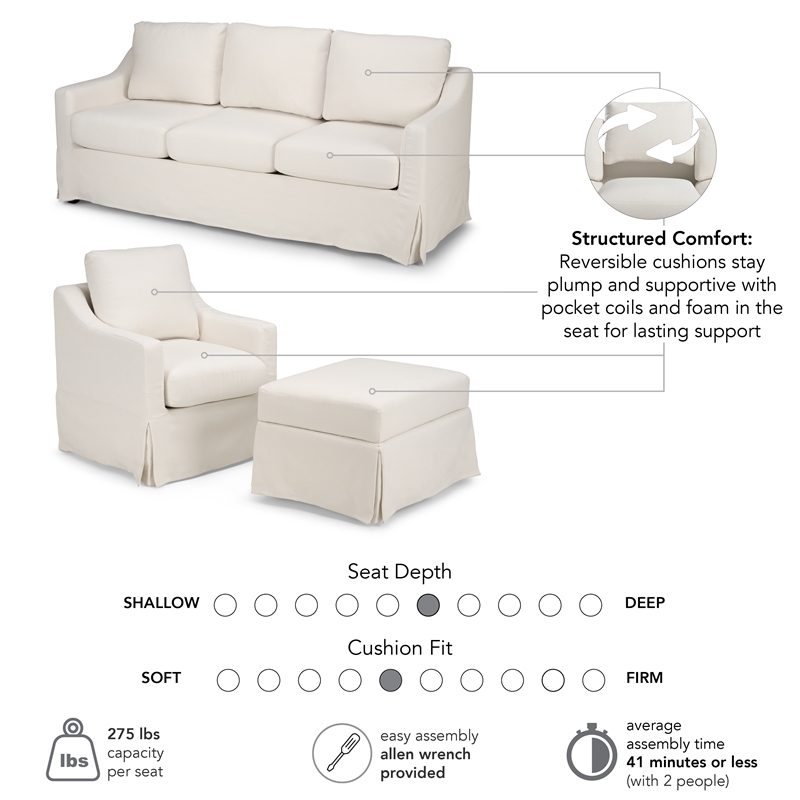 Pemberly Row 80W Sofa with Swivel Chair and Ottoman with Slipcovers in Ivory
