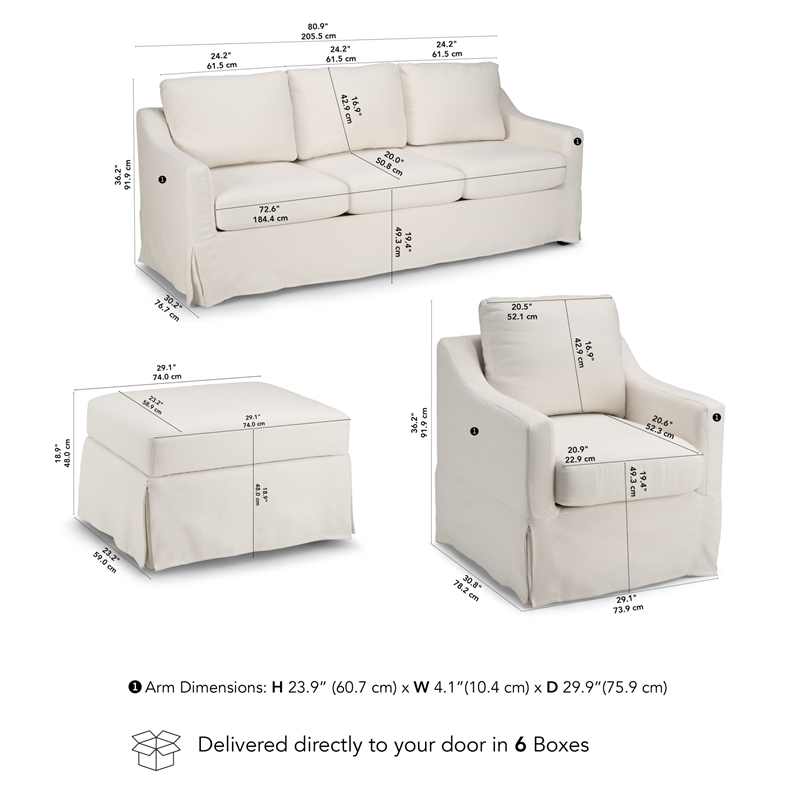Pemberly Row 80W Sofa with Swivel Chair and Ottoman with Slipcovers in Ivory