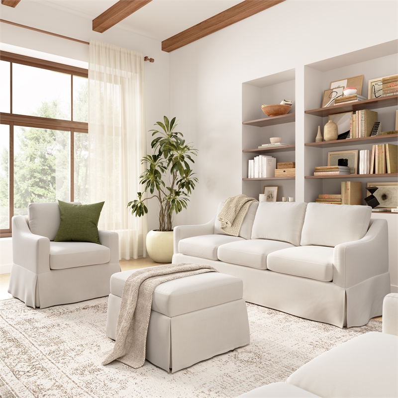 Pemberly Row 80W Sofa with Swivel Chair and Ottoman with Slipcovers in Ivory