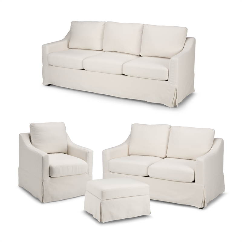 Pemberly Row 80W Sofa with Loveseat & Chair and Ottoman with Slipcovers in Ivory