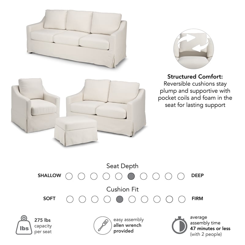 Pemberly Row 80W Sofa with Loveseat & Chair and Ottoman with Slipcovers in Ivory