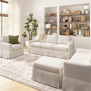 Pemberly Row 80W Sofa with Loveseat & Chair and Ottoman with Slipcovers in Ivory