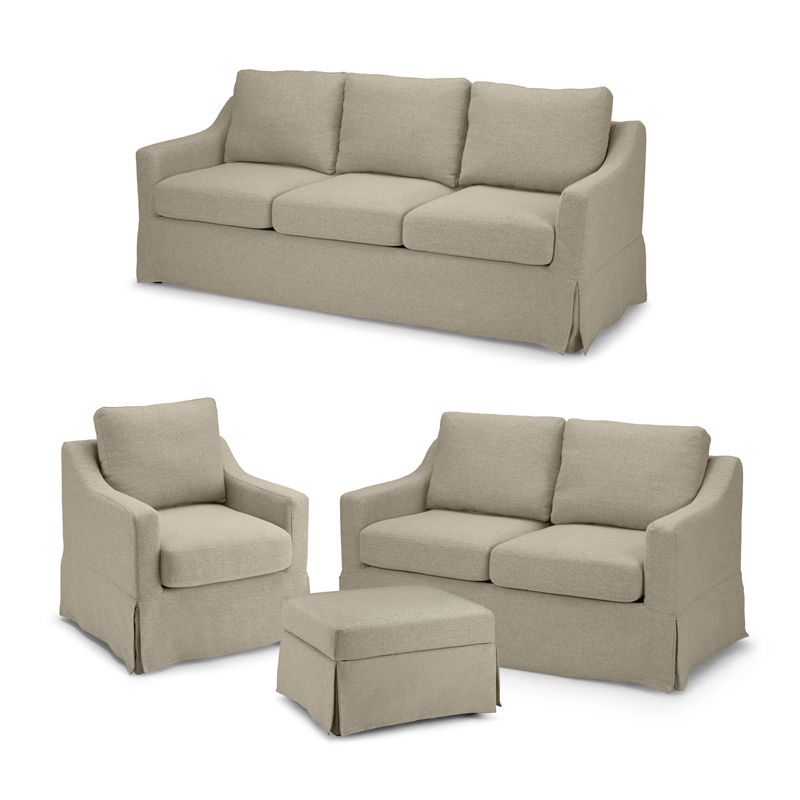 Pemberly Row 80W Sofa with Loveseat & Chair and Ottoman with Slipcovers in Sand
