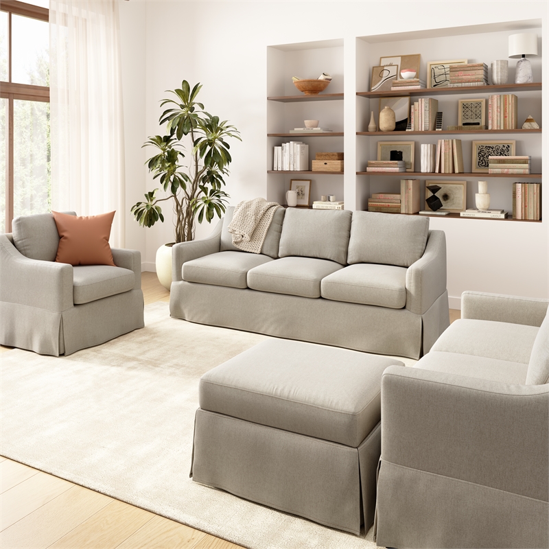 Pemberly Row 80W Sofa with Loveseat & Chair and Ottoman with Slipcovers in Sand