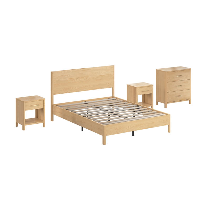 Pemberly Row Premium Wood Queen Platform Bed & Dresser & 2 Nightstands
