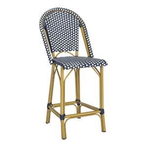 Pemberly Row 26&quot Wicker/Rattan Indoor/Outdoor Counter Stool in Navy/White