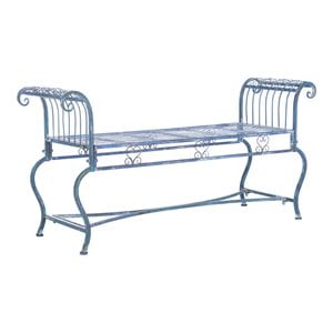 Pemberly Row 17&quot Iron Metal Scrollwork Outdoor Bench in Antique Blue