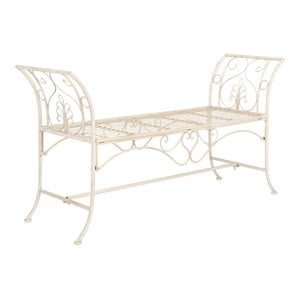 Pemberly Row 51.25&quot Iron Metal Outdoor Garden Bench in Distressed White