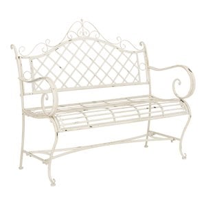 Pemberly Row 45.75&quot Iron Metal Outdoor Garden Bench in Antique White