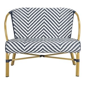 Pemberly Row Herringbone Wicker/Rattan Indoor/Outdoor Settee in Navy/White
