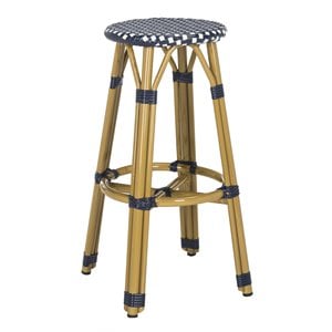 Pemberly Row 30&quot Wicker/Rattan Indoor/Outdoor Bistro Bar Stool in Navy/White