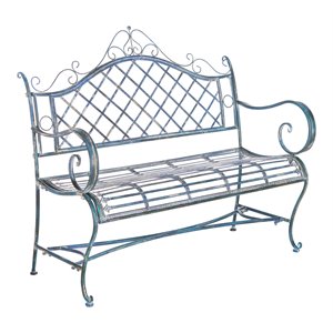 Pemberly Row 45.75&quot Wrought Iron Outdoor Garden Bench in Antique Blue