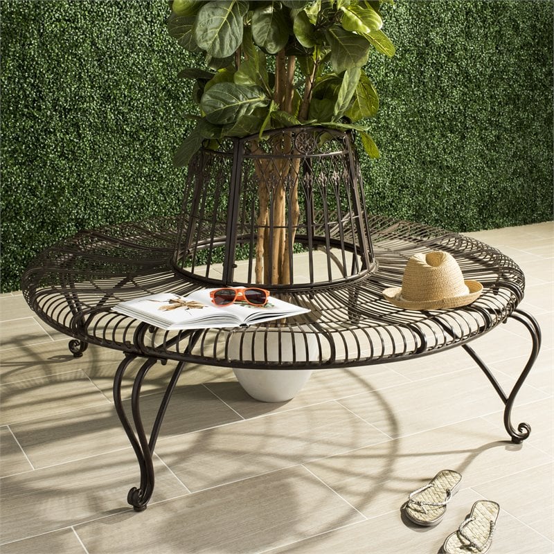 Pemberly Row Circular Metal Outdoor Tree Bench in Rust Brown