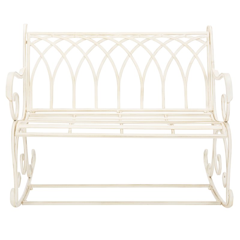 Pemberly Row Wrought Iron Victorian Outdoor Rocking Bench in Pearl White