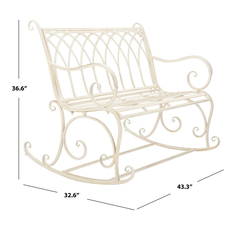 Pemberly Row Wrought Iron Victorian Outdoor Rocking Bench in Pearl White