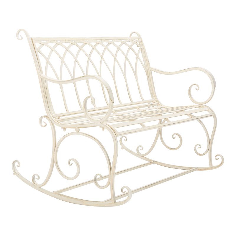 Pemberly Row Wrought Iron Victorian Outdoor Rocking Bench in Pearl White