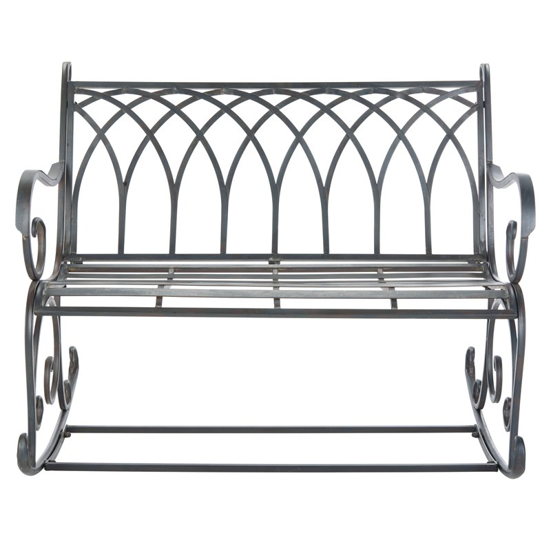 Pemberly Row Wrought Iron Victorian Outdoor Rocking Bench in Black Rust