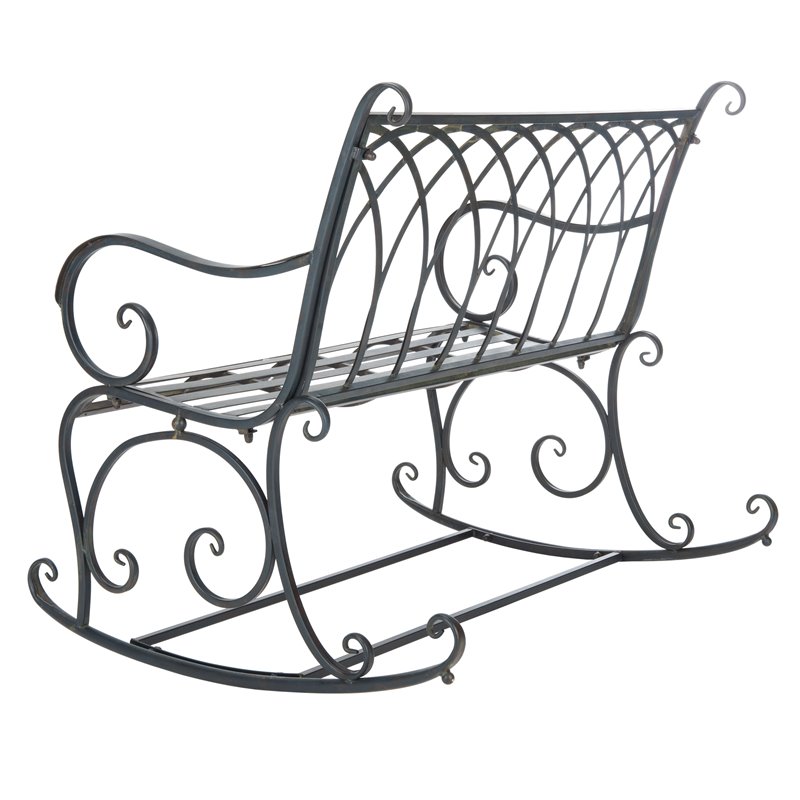 Pemberly Row Wrought Iron Victorian Outdoor Rocking Bench in Black Rust