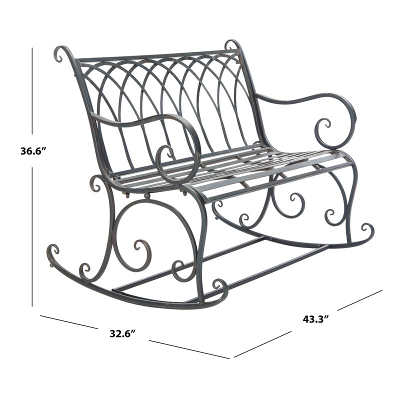Pemberly Row Wrought Iron Victorian Outdoor Rocking Bench in Black Rust