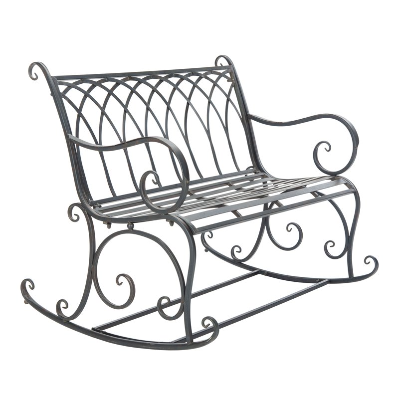 Pemberly Row Wrought Iron Victorian Outdoor Rocking Bench in Black Rust
