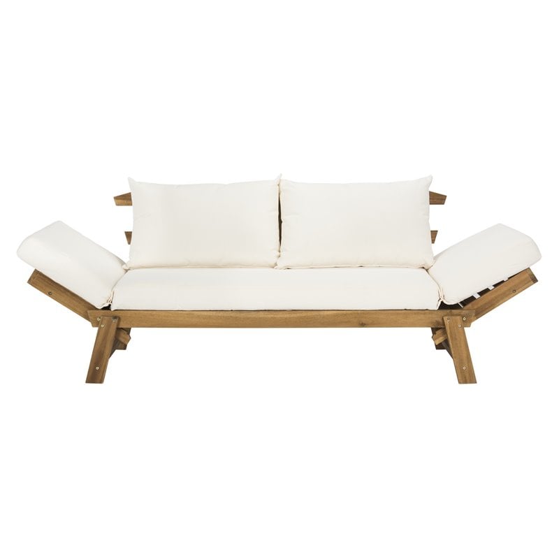 Pemberly Row Contemporary Acacia Wood Outdoor Daybed in Teak Brown/Beige