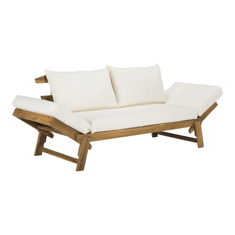 Pemberly Row Contemporary Acacia Wood Outdoor Daybed in Teak Brown/Beige