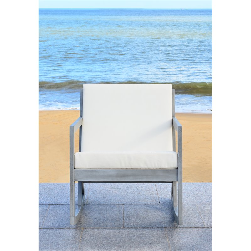 Pemberly Row Eucalyptus Wood Outdoor Rocking Chair in Gray/Beige