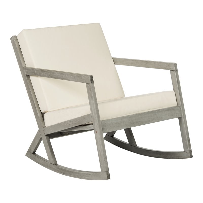 Pemberly Row Eucalyptus Wood Outdoor Rocking Chair in Gray/Beige