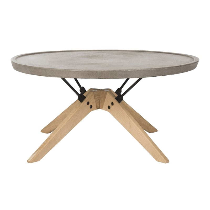 Pemberly Row Round Concrete and Oak Indoor/Outdoor Coffee Table in Dark Gray