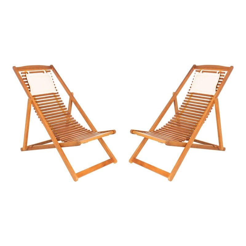 Pemberly Row Set of 2 Eucalyptus Wood Relax Chairs with Pillow in Natural/Beige