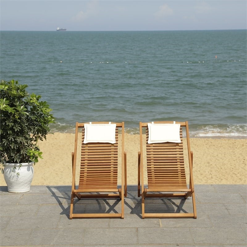 Pemberly Row Set of 2 Eucalyptus Wood Relax Chairs with Pillow in Natural/Beige