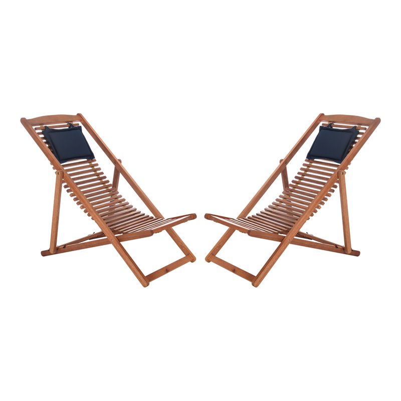 Pemberly Row Eucalyptus Wood Relax Chairs with Pillow in Natural/Navy (Set of 2)