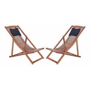 Pemberly Row Eucalyptus Wood Relax Chairs with Pillow in Natural/Navy (Set of 2)