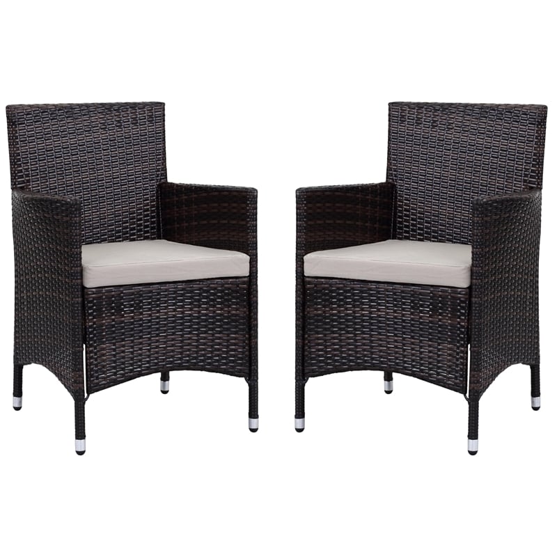 Pemberly Row PE Rattan Outdoor Chairs with Cushion in Brown/Sand (Set of 2)