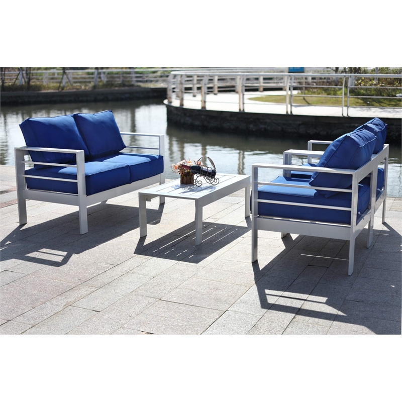 Pemberly Row Contemporary 4-Piece Metal Outdoor Living Set in White/Navy
