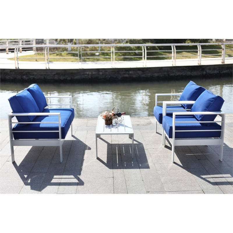 Pemberly Row 4-Piece Metal Outdoor Living Set in Teal Blue/White