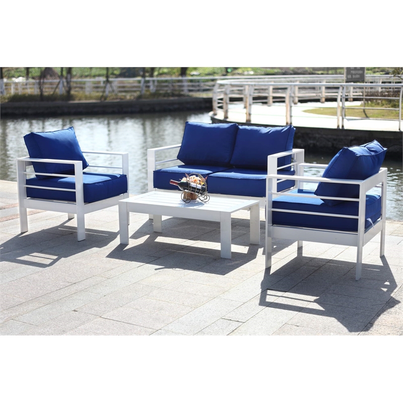 Pemberly Row 4-Piece Metal Outdoor Living Set in Teal Blue/White