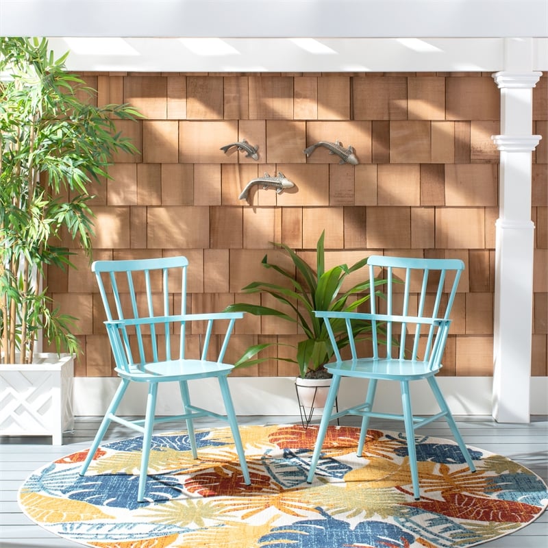 Pemberly Row Metal Outdoor Arm Chairs in Baby Blue (Set of 2)