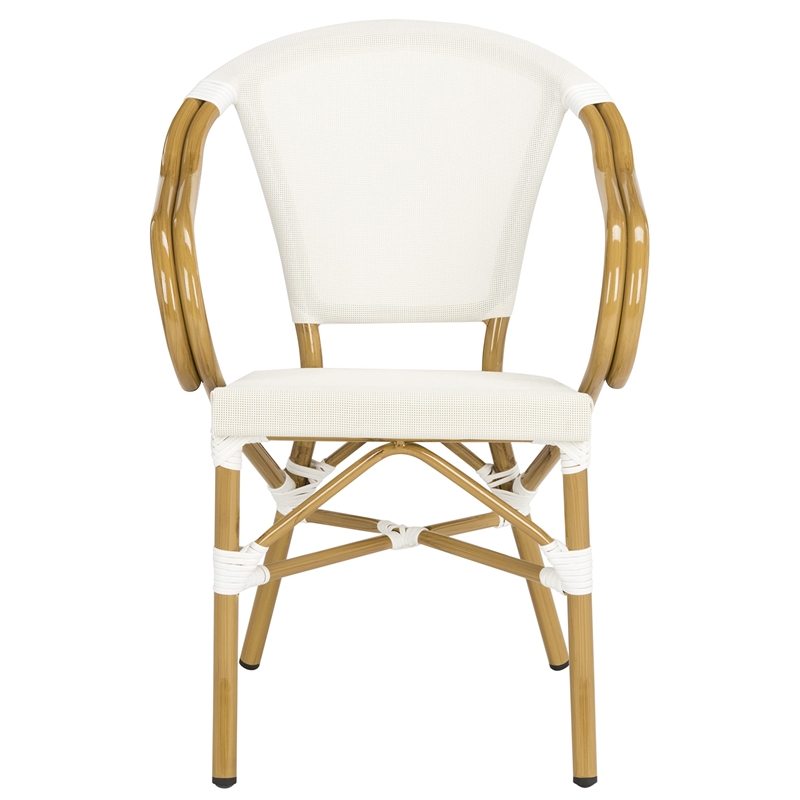 Pemberly Row Rattan/Fabric Outdoor Arm Chairs in White/Beige (Set of 2)