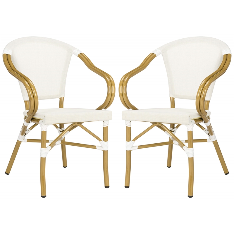 Pemberly Row Rattan/Fabric Outdoor Arm Chairs in White/Beige (Set of 2)