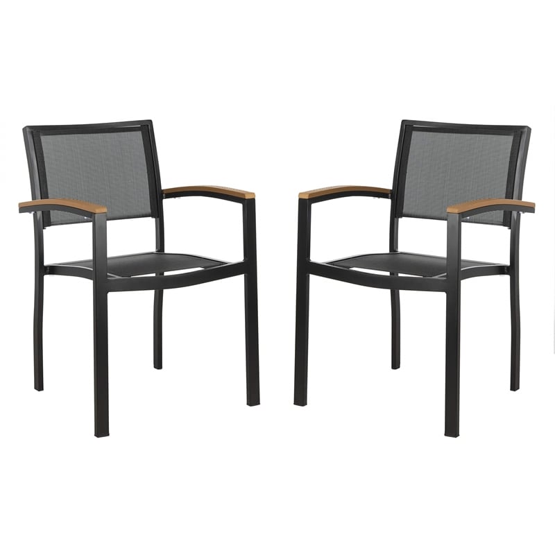 Pemberly Row Stackable Wood/Metal Outdoor Chairs in Black/Brown (Set of 2)