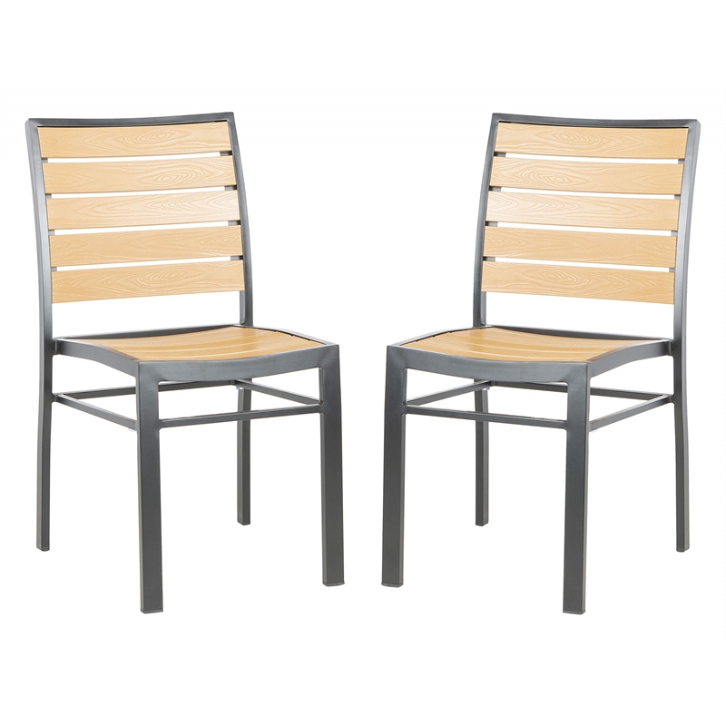 Pemberly Row Stackable Wood/Metal Outdoor Chairs in Black/Brown (Set of 2)