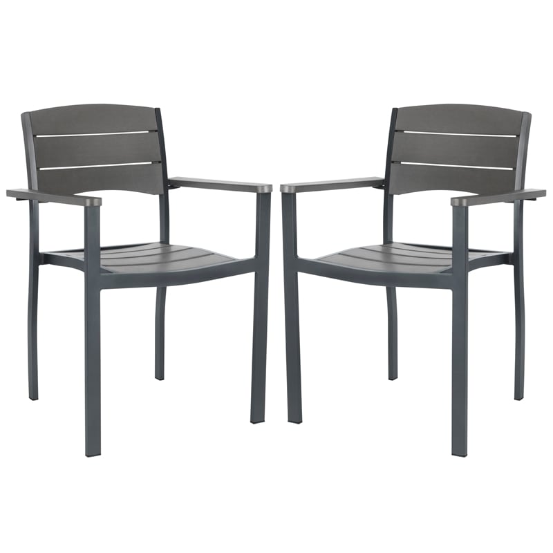 Pemberly Row Stackable Wood/Metal Outdoor Chairs in Gray (Set of 2)
